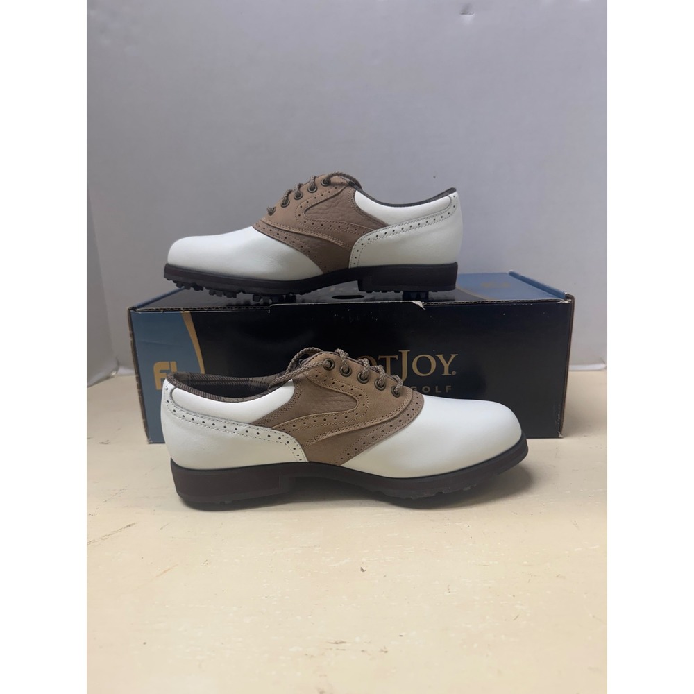 FootJoy SoftJoys Terrains Golf Shoes Womens 6 Narrow White Tan Spiked 98308 - Picture 2 of 8